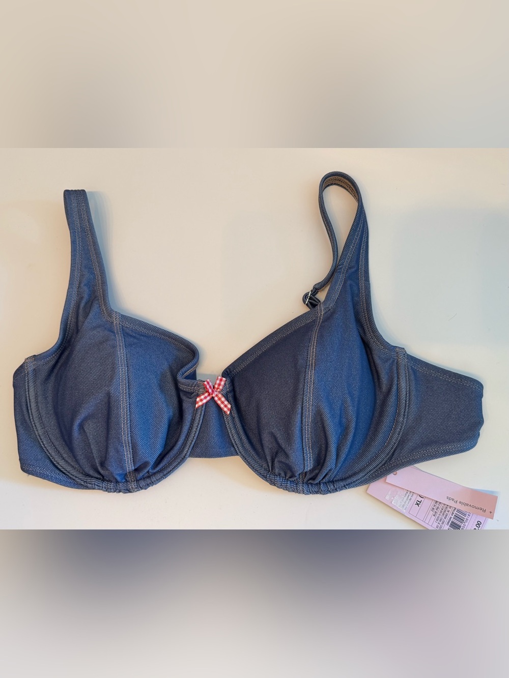 wild fable Denim-Effect Blue Bikini Top with Gingham Bow new size XL underwire